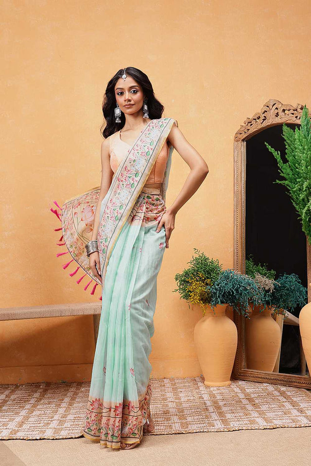 Turquoise Animal Printed Cotton Blend Ready to Wear Saree