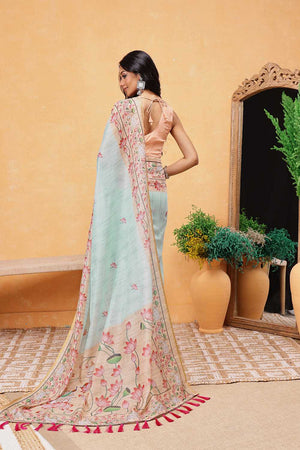 Turquoise Animal Printed Cotton Blend Ready to Wear Saree