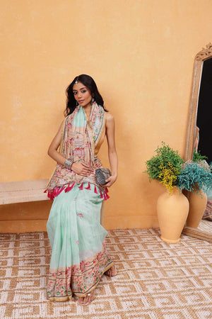 Turquoise Animal Printed Cotton Blend Ready to Wear Saree