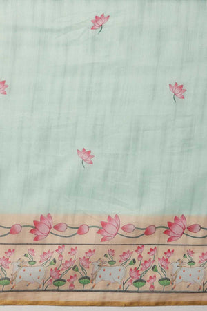 Turquoise Animal Printed Cotton Blend Ready to Wear Saree