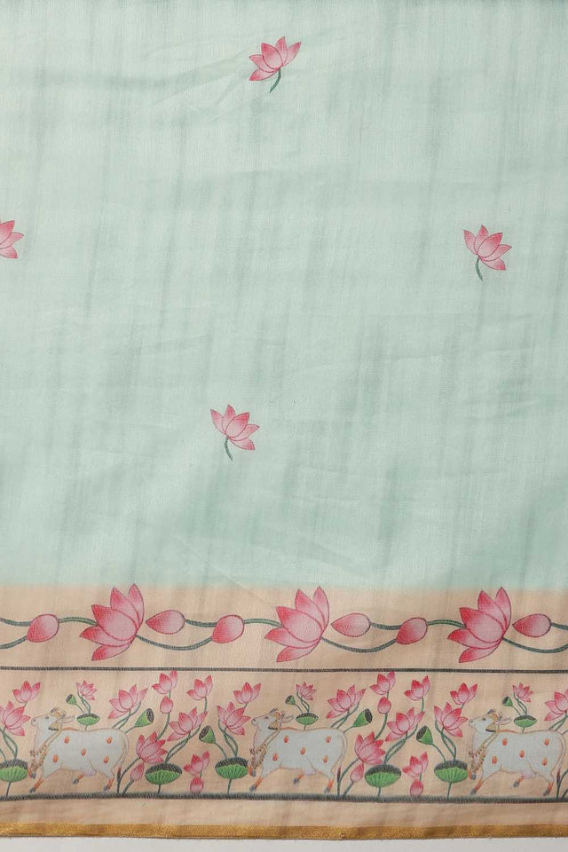 Turquoise Animal Printed Cotton Blend Ready to Wear Saree