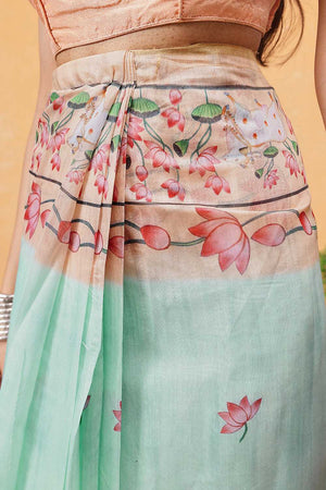 Turquoise Animal Printed Cotton Blend Ready to Wear Saree