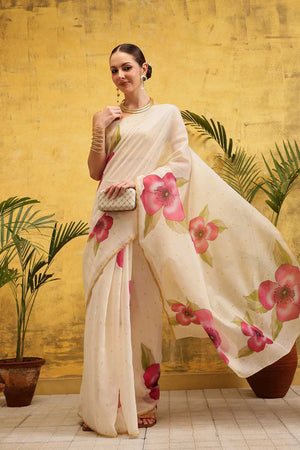 Beige Floral Printed Cotton Blend Ready to Wear Saree