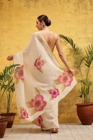 Beige Floral Printed Cotton Blend Ready to Wear Saree