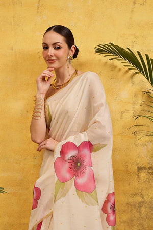 Beige Floral Printed Cotton Blend Ready to Wear Saree