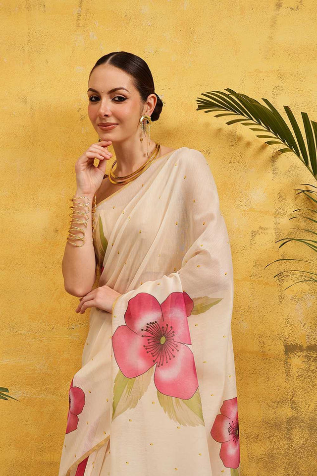 Beige Floral Printed Cotton Blend Ready to Wear Saree