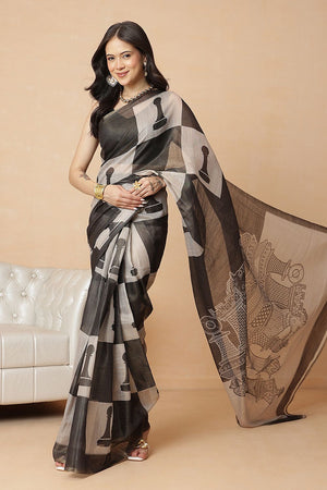 Black Abstract Printed Cotton Blend Saree (SZR-DIVA1-BL-2450)
