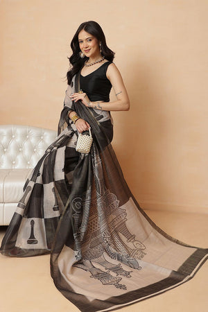 Black Abstract Printed Cotton Blend Saree (SZR-DIVA1-BL-2450)