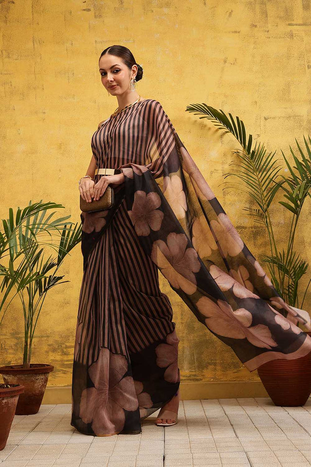 Brown Striped Print Cotton Blend Ready to Wear Saree