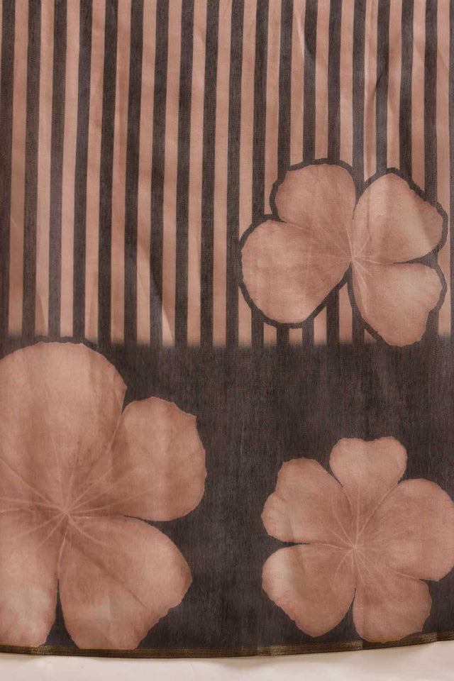 Brown Striped Print Cotton Blend Ready to Wear Saree