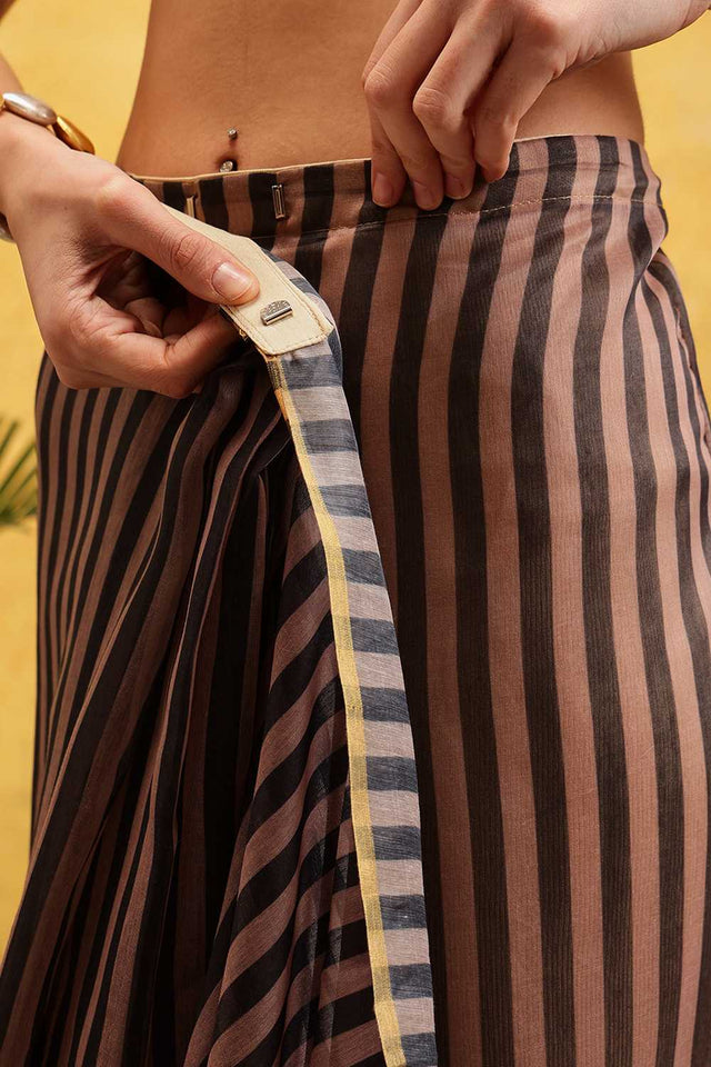 Brown Striped Print Cotton Blend Ready to Wear Saree