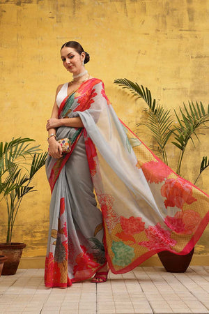 Grey Floral Printed Cotton Blend Ready to Wear Saree