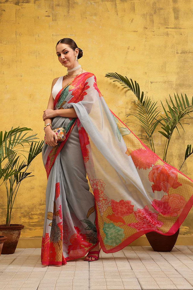 Grey Floral Printed Cotton Blend Ready to Wear Saree