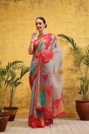 Grey Floral Printed Cotton Blend Ready to Wear Saree