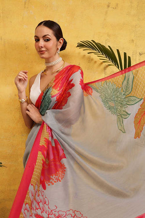 Grey Floral Printed Cotton Blend Ready to Wear Saree