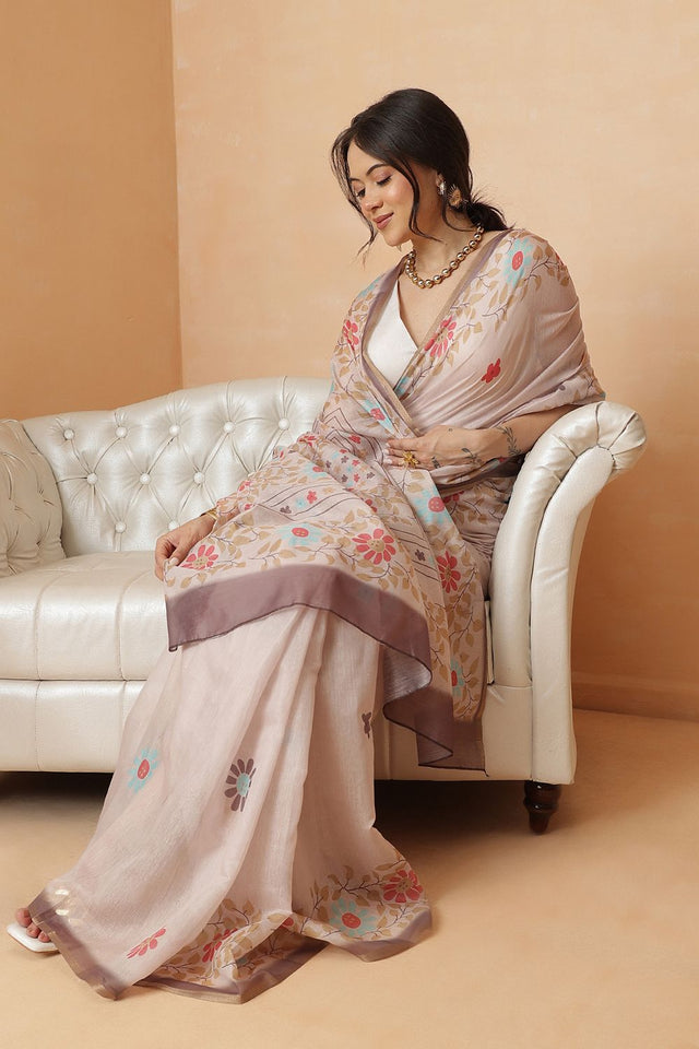 Peach Floral Print Cotton Blend Saree (SZR-DIVA1-PE-2452)