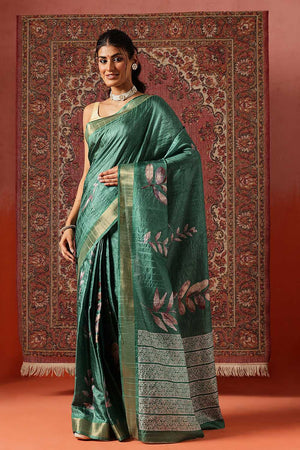Green Floral Printed Silk Ready to Wear Saree