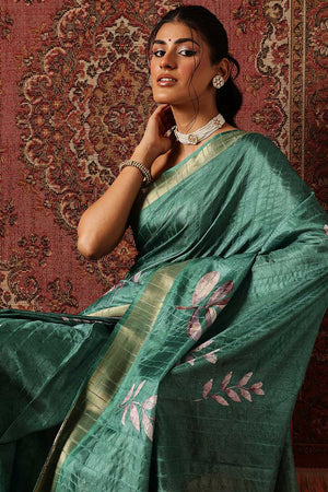 Green Floral Printed Silk Ready to Wear Saree