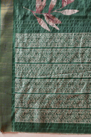 Green Floral Printed Silk Ready to Wear Saree