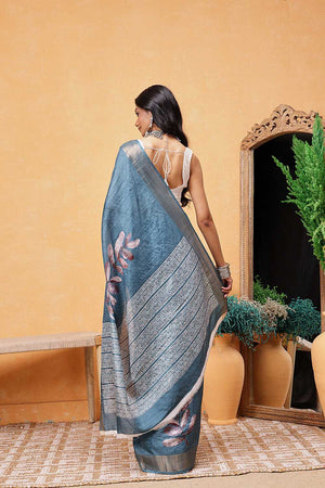 Turquoise Floral Printed Art Silk Ready to Wear Saree
