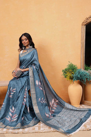 Turquoise Floral Printed Art Silk Ready to Wear Saree