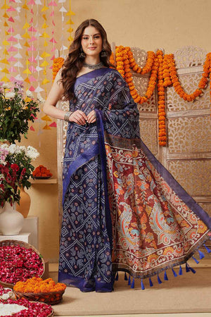 Blue Printed Cotton Blend Ready to Wear Saree