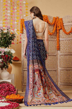 Blue Printed Cotton Blend Ready to Wear Saree