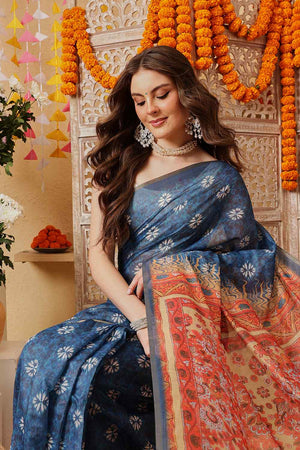 Blue Printed Cotton Blend Ready to Wear Saree