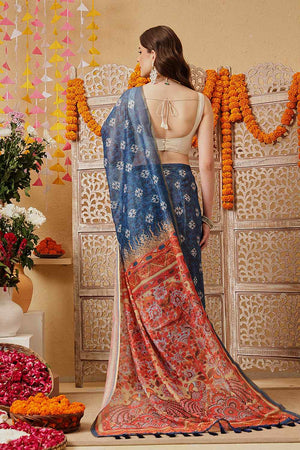 Blue Printed Cotton Blend Ready to Wear Saree