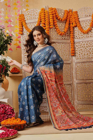 Blue Printed Cotton Blend Ready to Wear Saree