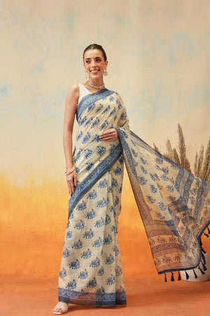 Blue Kalamkari Printed Cotton Blend Ready to Wear Saree