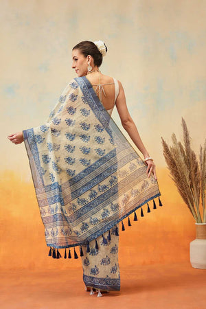 Blue Kalamkari Printed Cotton Blend Ready to Wear Saree