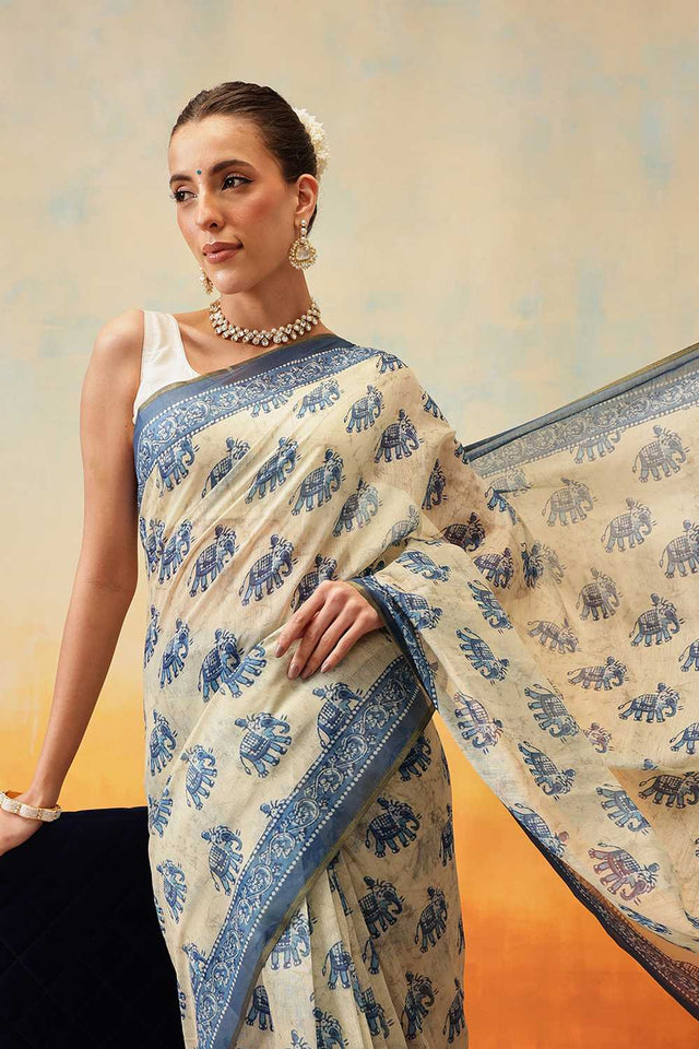 Blue Kalamkari Printed Cotton Blend Ready to Wear Saree