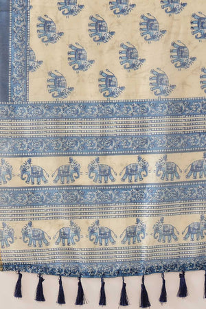 Blue Kalamkari Printed Cotton Blend Ready to Wear Saree