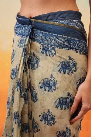 Blue Kalamkari Printed Cotton Blend Ready to Wear Saree