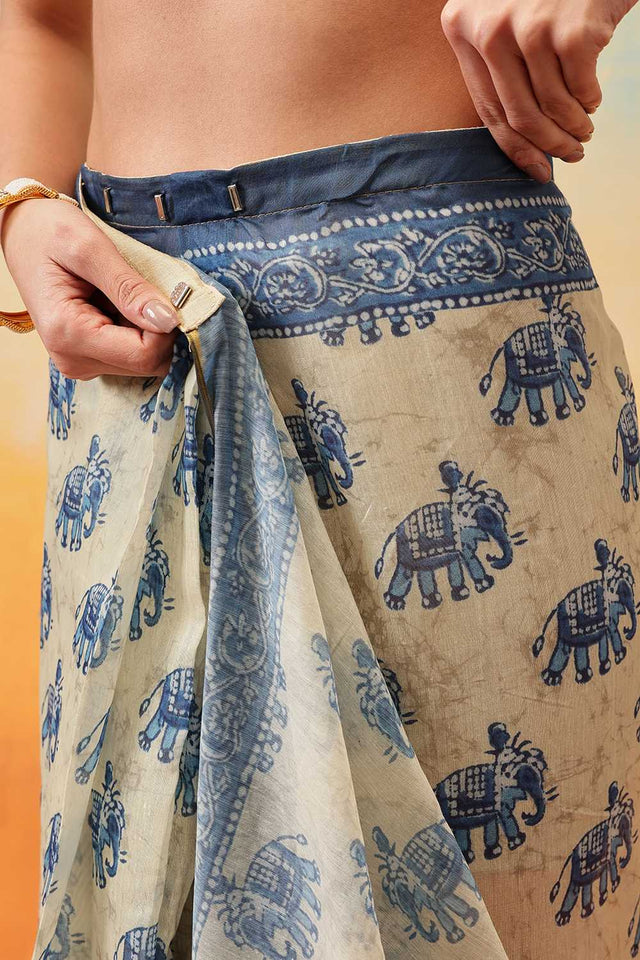 Blue Kalamkari Printed Cotton Blend Ready to Wear Saree