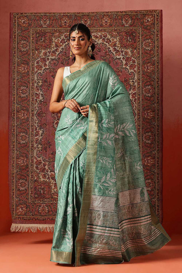 Green Floral Printed Silk Ready to Wear Saree