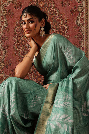 Green Floral Printed Silk Ready to Wear Saree