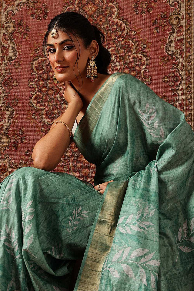 Green Floral Printed Silk Ready to Wear Saree