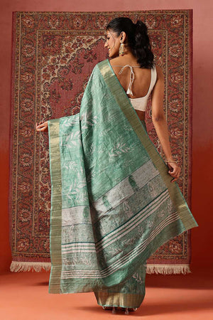 Green Floral Printed Silk Ready to Wear Saree
