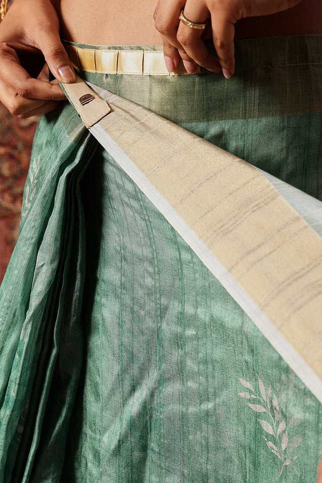 Green Floral Printed Silk Ready to Wear Saree