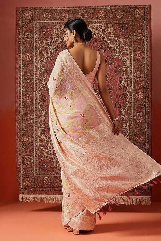 Pink Woven Cotton Blend Ready to Wear Saree