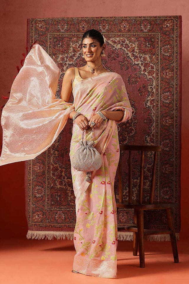 Pink Woven Cotton Blend Ready to Wear Saree