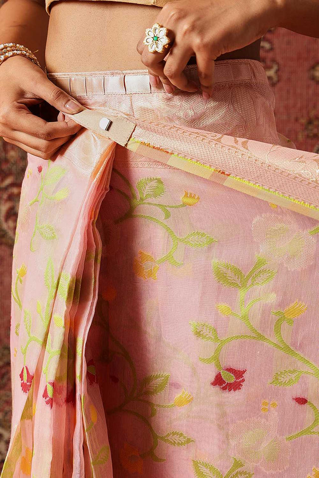 Pink Woven Cotton Blend Ready to Wear Saree