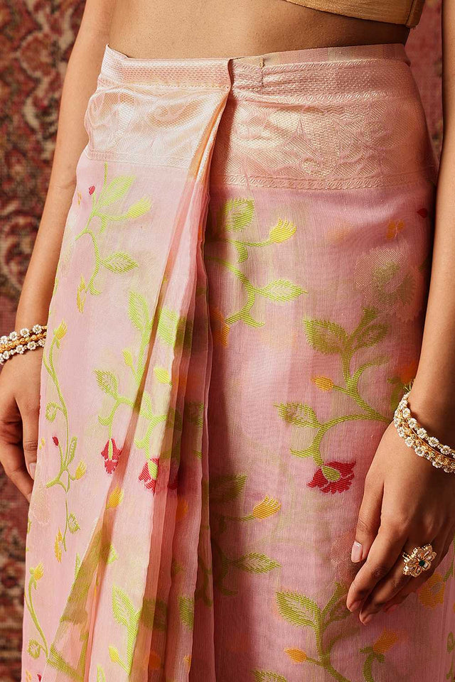 Pink Woven Cotton Blend Ready to Wear Saree