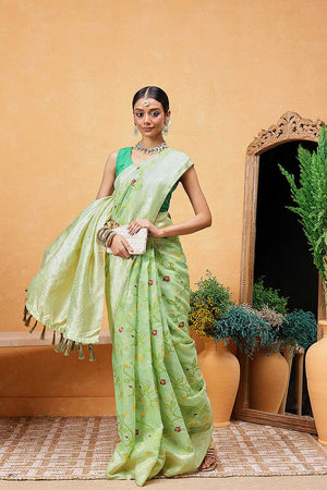 Dark Green Floral Woven Cotton Ready to Wear Saree
