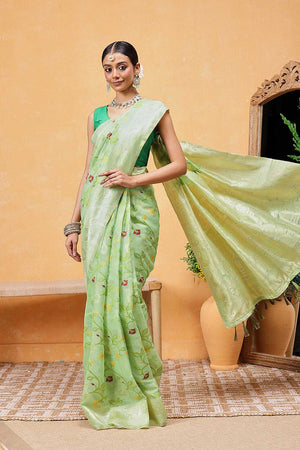 Dark Green Floral Woven Cotton Ready to Wear Saree