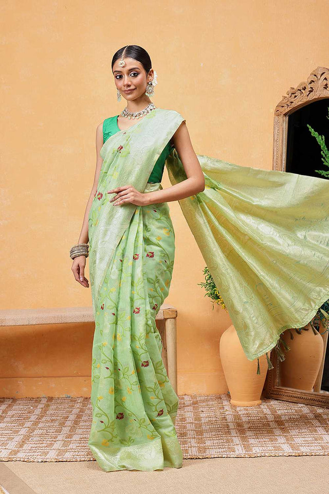 Dark Green Floral Woven Cotton Ready to Wear Saree