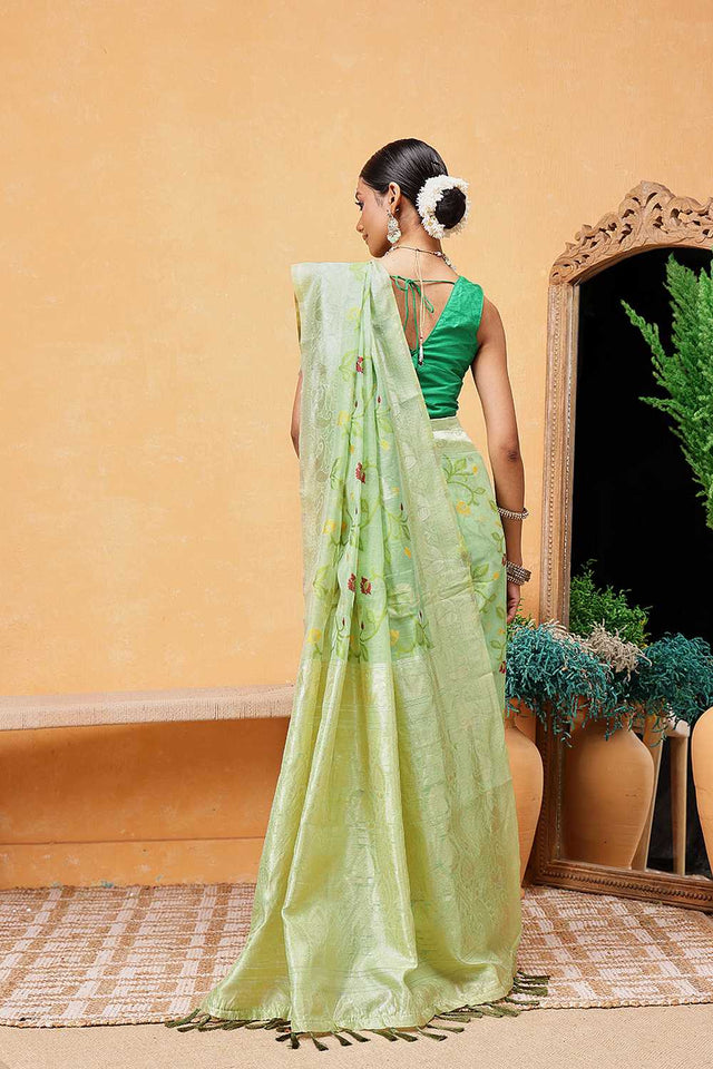 Dark Green Floral Woven Cotton Ready to Wear Saree