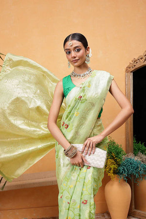 Dark Green Floral Woven Cotton Ready to Wear Saree